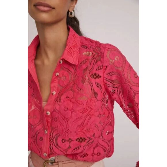 Anthropologie Tops - Anthropologie Womens Lace Button Down Sz 4 Pink Preppy Office Bright Colorful